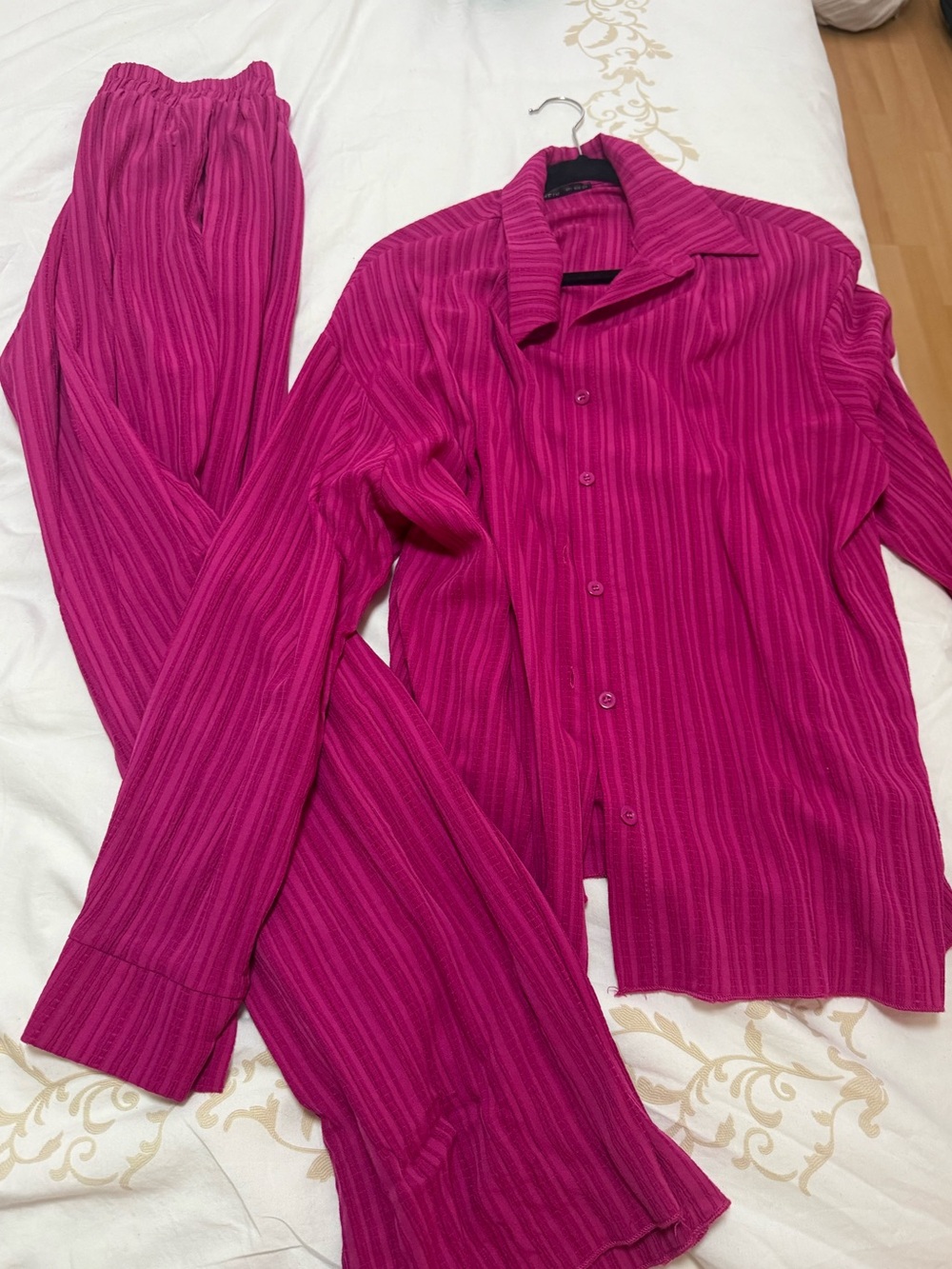 SHEIN Hot Pink Ribbed Set - Button-Up Top & Elastic Waist Pants